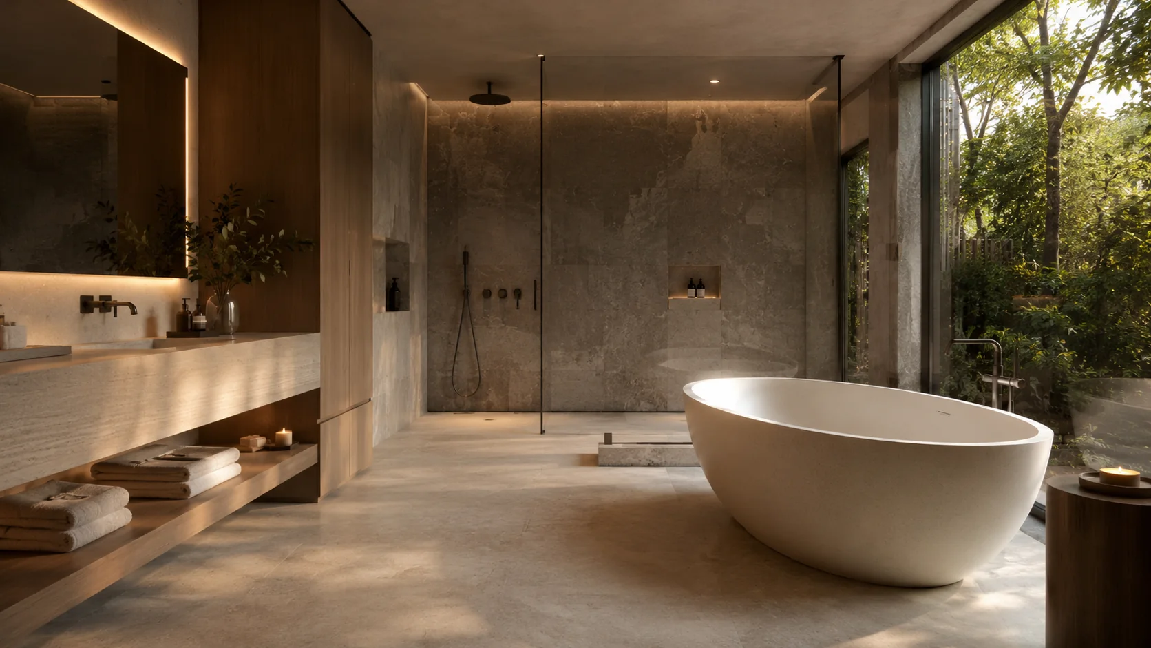 Fotorealistyczna koncepcja łazienki spa z naturalnym kamieniem i zielenią